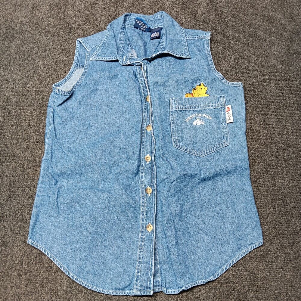 Vintage Winnie The Pooh Bear Denim Vest Women Small Blue Disney Button Up Top.